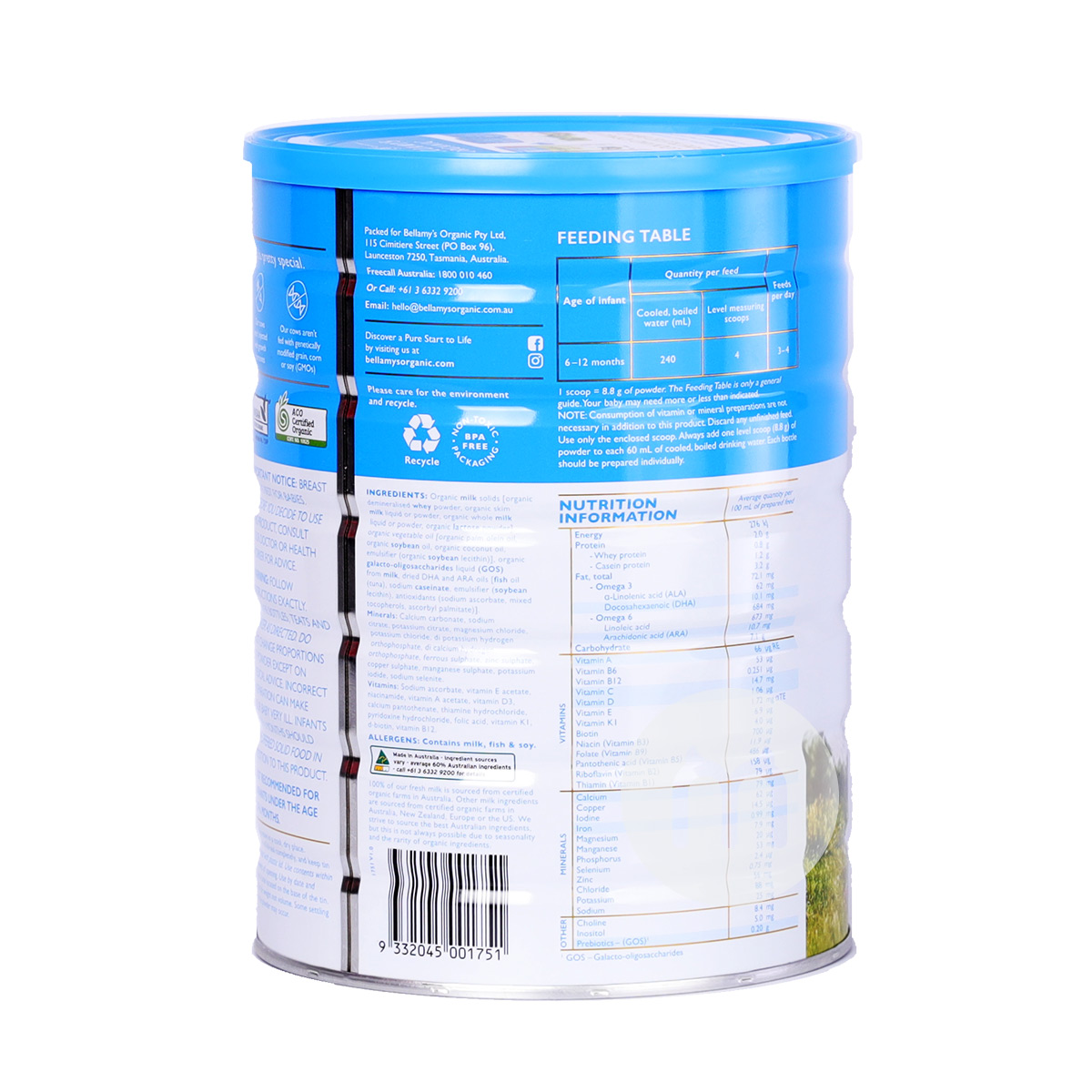 susu bubuk bayi organik BELLAMY`S Australia 2 bagian 900g * 6 kaleng standar lokal Australia