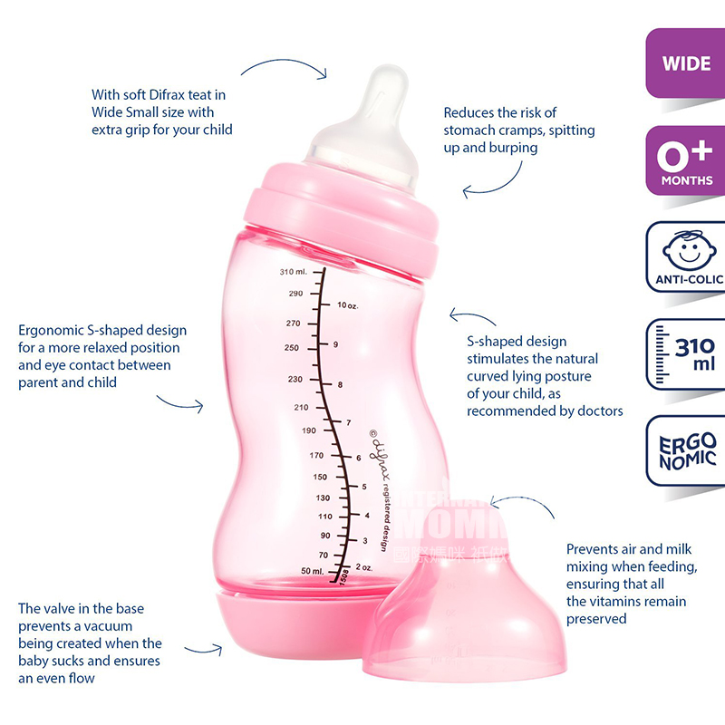 Difrax Belanda anti-perut kembung S berbentuk mulut lebar botol bayi PP 310ml 0-3 bulan di luar negeri