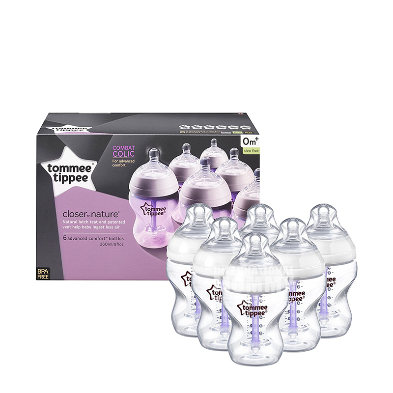 Tommee Tippee Inggris mulut lebar anti-perut kembung botol bayi 6 * 260 ml 0-3 bulan versi luar negeri