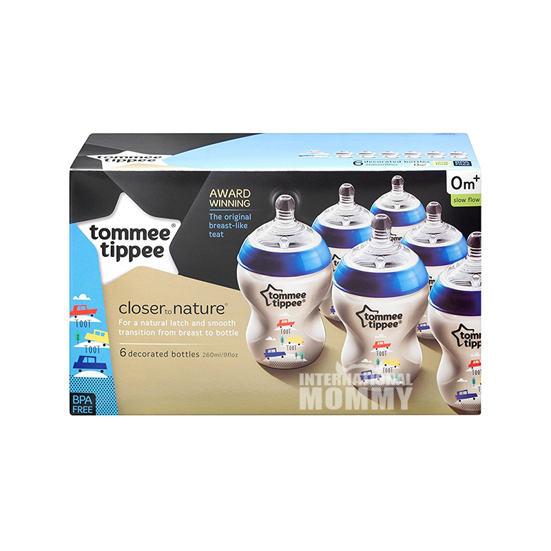 Tommee Tippee Inggris mulut lebar anti-perut kembung botol bayi PP 6 * 260 ml biru 0-3 bulan versi luar negeri