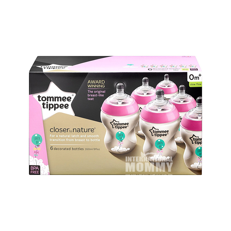 Tommee Tippee Inggris mulut lebar anti-kembung perut botol bayi 6 * 260ml merah muda 0-3 bulan versi luar negeri
