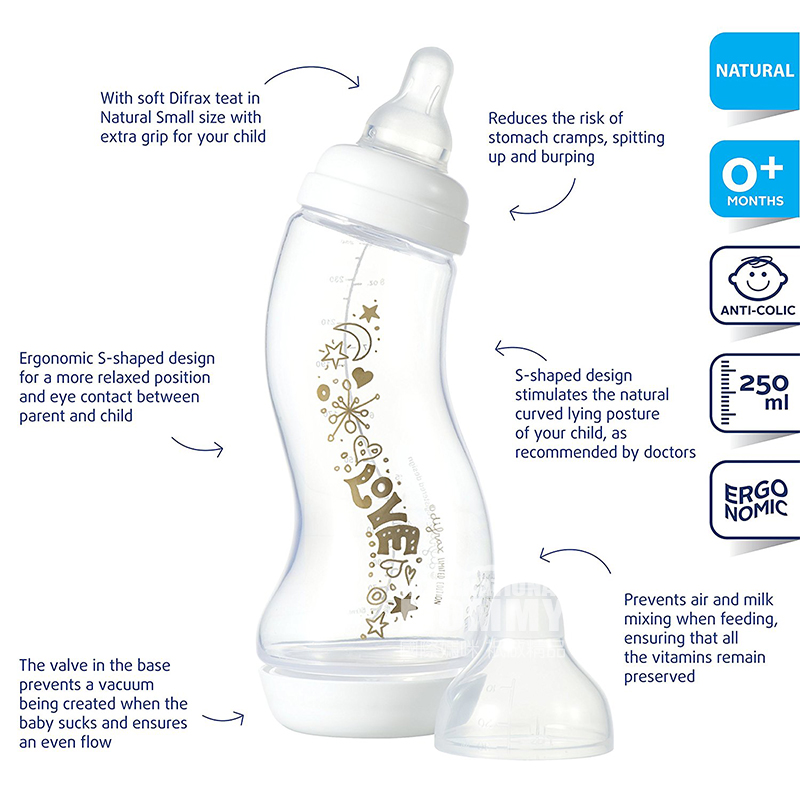 Difrax Belanda anti-perut kembung S-type standar kaliber botol bayi 250ml 0 bulan atau lebih pola huruf versi luar neger