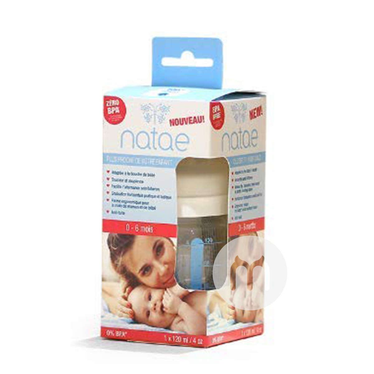 Natae France Natae botol kaca dot silikon lebar mulut 120 ml versi 0-6 bulan di luar negeri