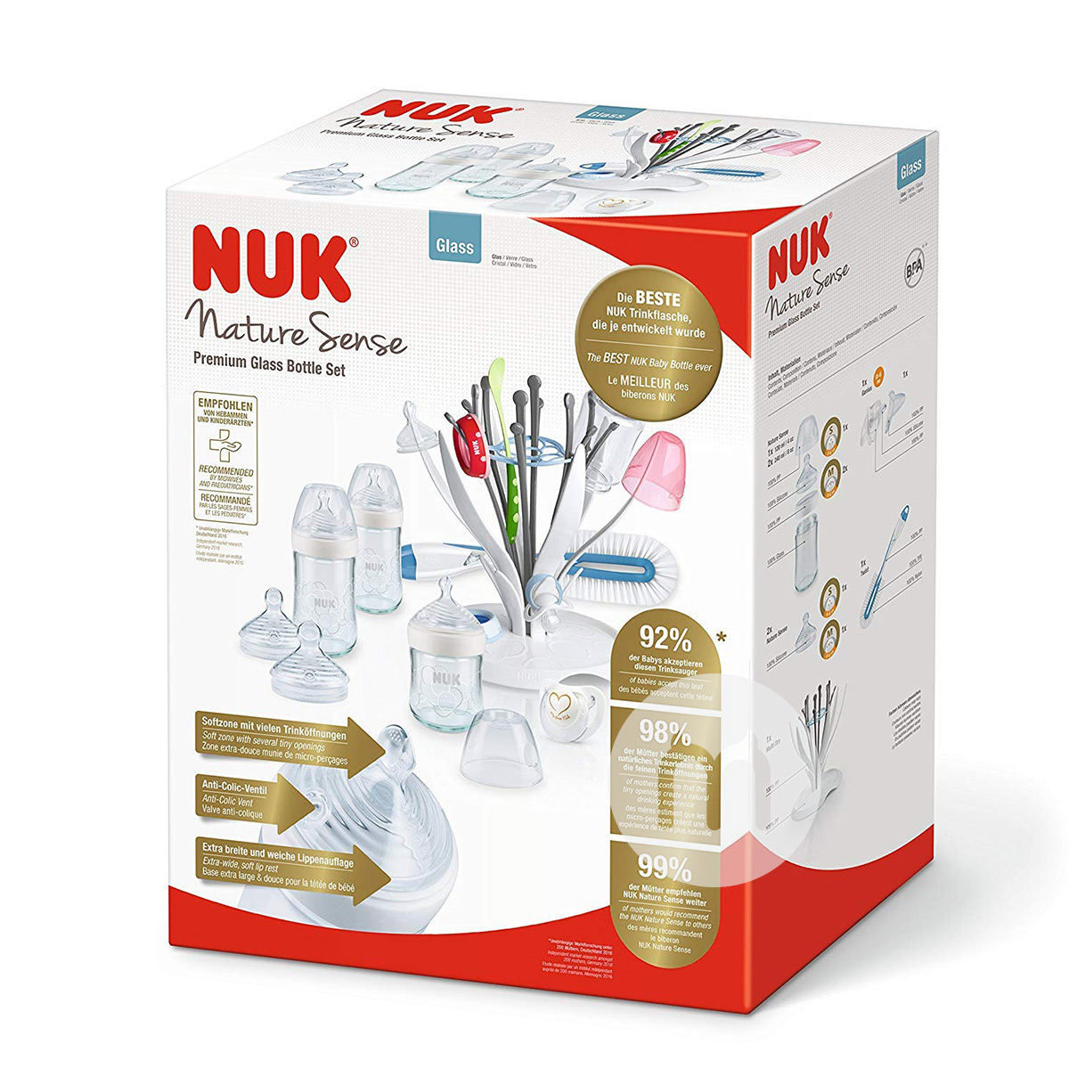 NUK Jerman NUK botol kaca mulut ultra lebar rak pengeringan puting 8 piece set 0-6 bulan di luar negeri