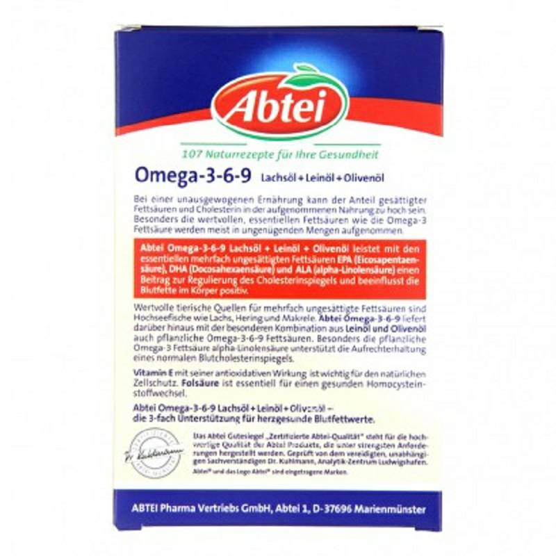 Abtei German Omega-3-6-9 kapsul minyak ikan laut / minyak zaitun / minyak biji rami di luar negeri