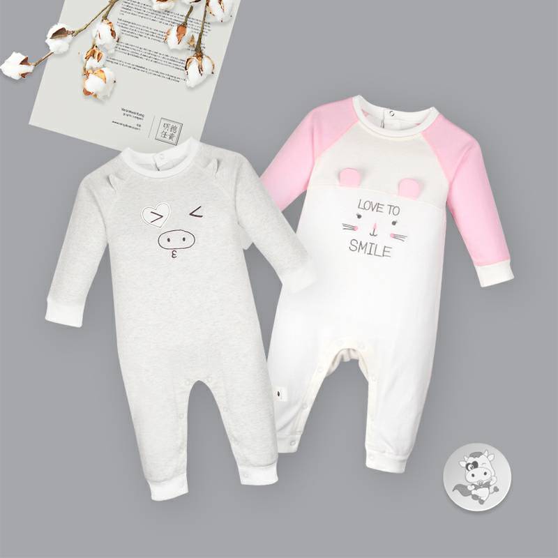 [2 Buah] Verantwortung jantan dan betina bayi organik jumpsuit romper Bergaya Eropa tertawa kucing + anak sapi nakal