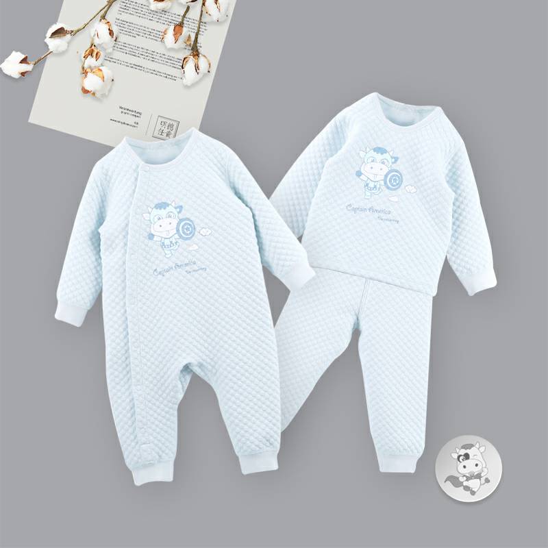 [2 pieces] Verantwortung jantan dan betina bayi katun organik baju monyet one-piece + celana setelan jas biru