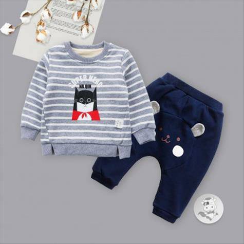 [2 lembar] Verantwortung jantan dan betina SUPER bayi garis-garis pahlawan ditambah beludru sweater pullover abu-abu + b