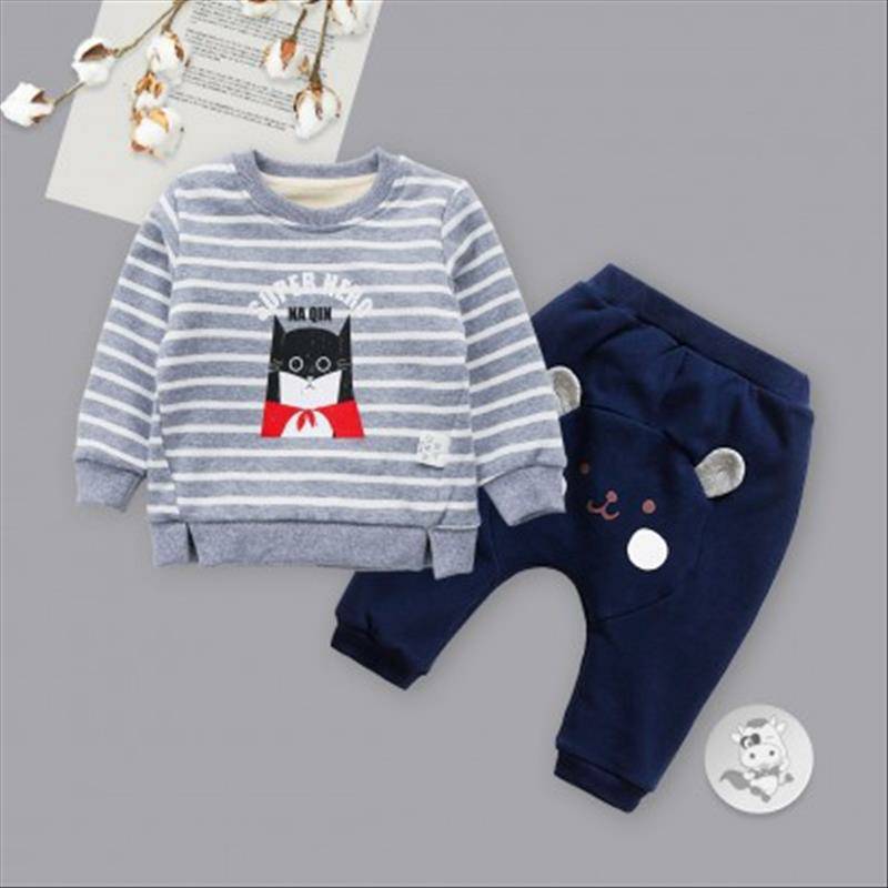 [2 lembar] Verantwortung jantan dan betina SUPER bayi garis-garis pahlawan ditambah beludru sweater pullover abu-abu + b
