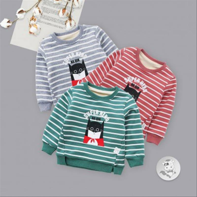 [2 lembar] Verantwortung jantan dan betina SUPER bayi garis-garis pahlawan ditambah beludru sweater pullover abu-abu + b