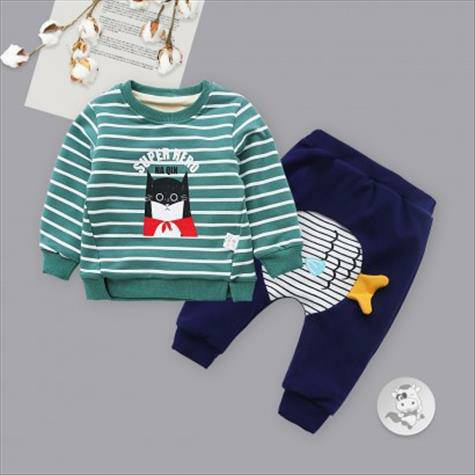 [2 lembar] Verantwortung jantan dan betina SUPER bayi garis-garis pahlawan ditambah beludru sweater pullover hijau + ika
