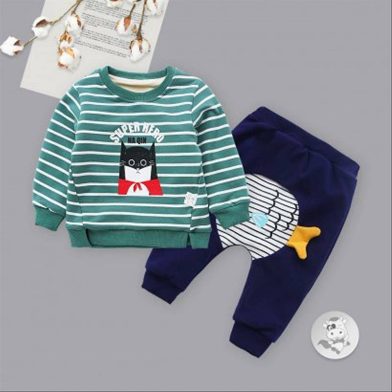 [2 lembar] Verantwortung jantan dan betina SUPER bayi garis-garis pahlawan ditambah beludru sweater pullover hijau + ika