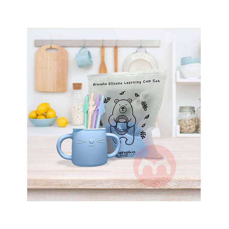 Brunoko Spanyol Brunoko Baby Learning Cup + Sedotan Silikon Biru Asli Lokal Luar Negeri