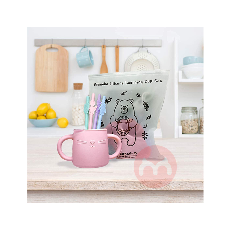 Brunoko Spanyol Brunoko Baby Learning Cup + Sedotan Silikon Merah Muda Asli Edisi Lokal Luar Negeri