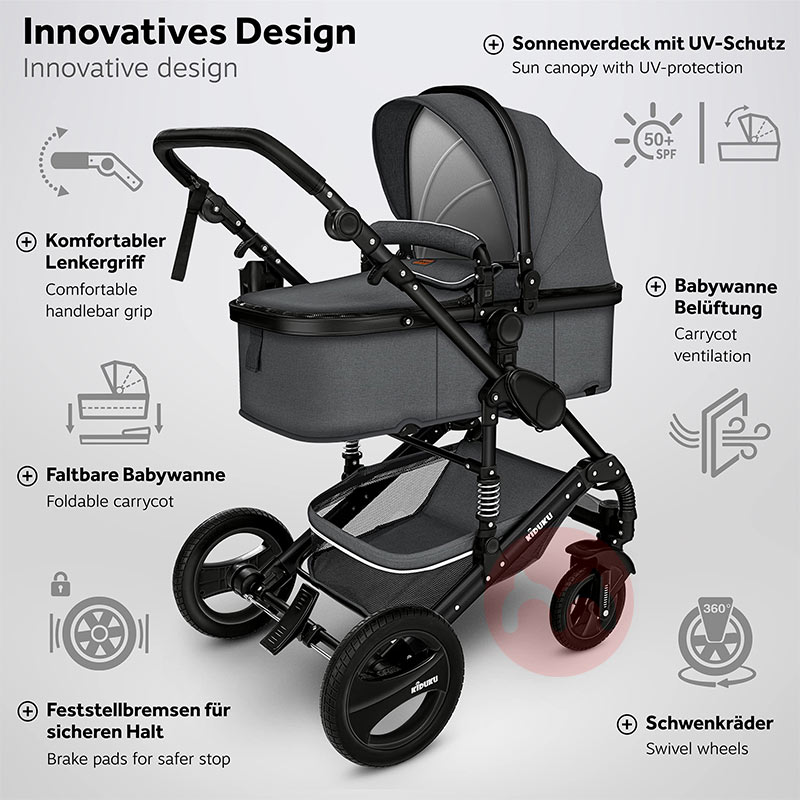 KIDUKU Tiga dalam satu stroller multifungsi dengan ban karet pakaian warna Anthracite