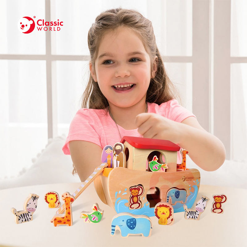 Classic World Perahu kayu mainan pengurusan hewan