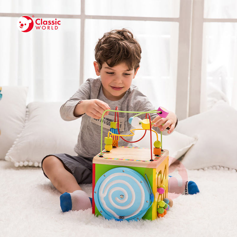 Classic World Lima sisi kayu pendidikan masa kecil cube bead labirin mainan